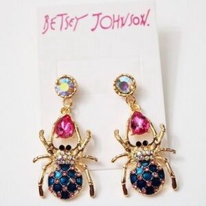 Betsey Johnson Gold and Pink Crystal Spider Earrings